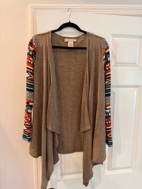 Flying Tomato Taupe Open-Front Cardigan with Colorful Tribal Sleeves
